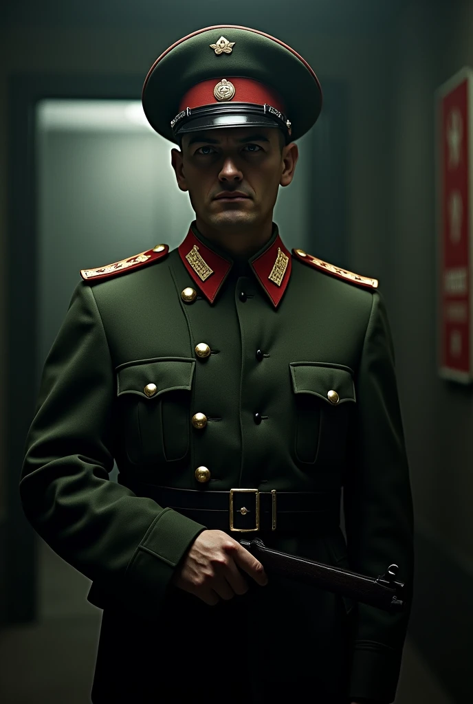 NKVD officer of the 1940s, military uniform, cap, Stern expression, holding a gun, in a dark room, dramatic lighting, cinematic, photorealistic, (Best quality,4K,8 thousand.,a high resolution,masterpiece:1.2),Ultra detailed,(realistic,photorealistic,photo-realistic:1.37),cinematic lighting,Dramatic chiaroscuro,moody atmosphere