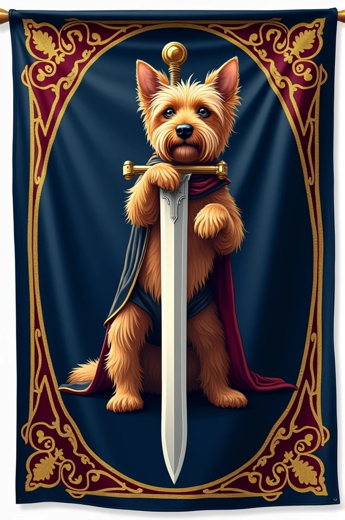 Create an image to be used as a flag containing a reference to a Yorkshire terrier and the sword Excalibur.The flag must have a medieval style and colors and be rectangular in shape., having the proportion of 24 cm wide by 20 cm high. Use colors like gold, burgundy e navy blue.
