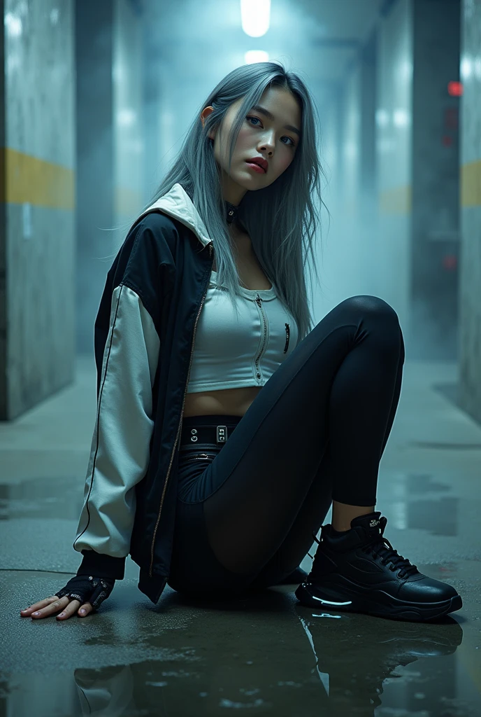 (nsfw:1.4), masterpiece, Best Quality, Realistic, A mysterious and sophisticated beautiful model, identity hidden, all body shot, with blue eyes wears futuristic and sexy fashion art. 18-years-old, beautiful and sexy Japanese girl is climbing at a wide angle, sitting and random posing, with her full body in frame. She has an ultra-slim waist, large firm breasts, a large-sized buttocks, showcasing sculptural beauty. gray arranged hair, light color eyes, Realistic skin, Detailed face, , small head. /// dressed in a striking white and black military print bodysuit paired with a sleek black leather belt with a futuristic metallic buckle and low-rise black sweat Knee-high skirt with zipper accents. She wears a sheer black mesh bomber jacket adorned with white and black military patches, chunky black high-cut Sneakers with silver hardware. Her look is fierce and bold, complemented by black fingerless gloves with white LED lights and high-tech accessories. adding an edgy attitude. Her outfit is completed, merging functionality with style. exuding a hint of rebellion, embodying the essence of future street-chic fashion. The wear hugs her body tightly, accentuating her curves and digging sensuously into her skin, /// small head and face, Detailed wide Duck mouth, half open mouth, perfectly aligned teeth, perfect beautiful wide teeth, light blue eyes, half open eyes, shiny Droopy eyes, looking other, /// She is situated within the interior of a futuristic colony, in the deep night, with mist drifting and steam rising from concrete