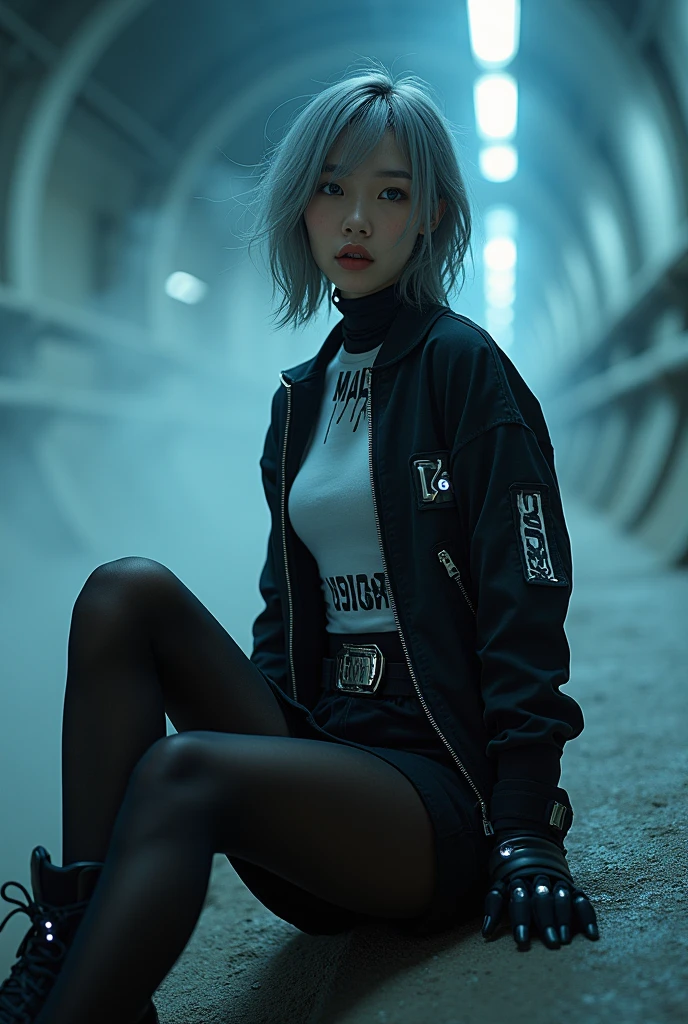 (nsfw:1.4), masterpiece, Best Quality, Realistic, A mysterious and sophisticated beautiful model, identity hidden, all body shot, with blue eyes wears futuristic and sexy fashion art. 18-years-old, beautiful and sexy Japanese girl is climbing at a wide angle, sitting and random posing, with her full body in frame. She has an ultra-slim waist, large firm breasts, a large-sized buttocks, showcasing sculptural beauty. gray arranged hair, light color eyes, Realistic skin, Detailed face, , small head. /// dressed in a striking white and black military print bodysuit paired with a sleek black leather belt with a futuristic metallic buckle and low-rise black sweat Knee-high skirt with zipper accents. She wears a sheer black mesh bomber jacket adorned with white and black military patches, chunky black high-cut Sneakers with silver hardware. Her look is fierce and bold, complemented by black fingerless gloves with white LED lights and high-tech accessories. adding an edgy attitude. Her outfit is completed, merging functionality with style. exuding a hint of rebellion, embodying the essence of future street-chic fashion. The wear hugs her body tightly, accentuating her curves and digging sensuously into her skin, /// small head and face, Detailed wide Duck mouth, half open mouth, perfectly aligned teeth, perfect beautiful wide teeth, light blue eyes, half open eyes, shiny Droopy eyes, looking other, /// She is situated within the interior of a futuristic colony, in the deep night, with mist drifting and steam rising from concrete