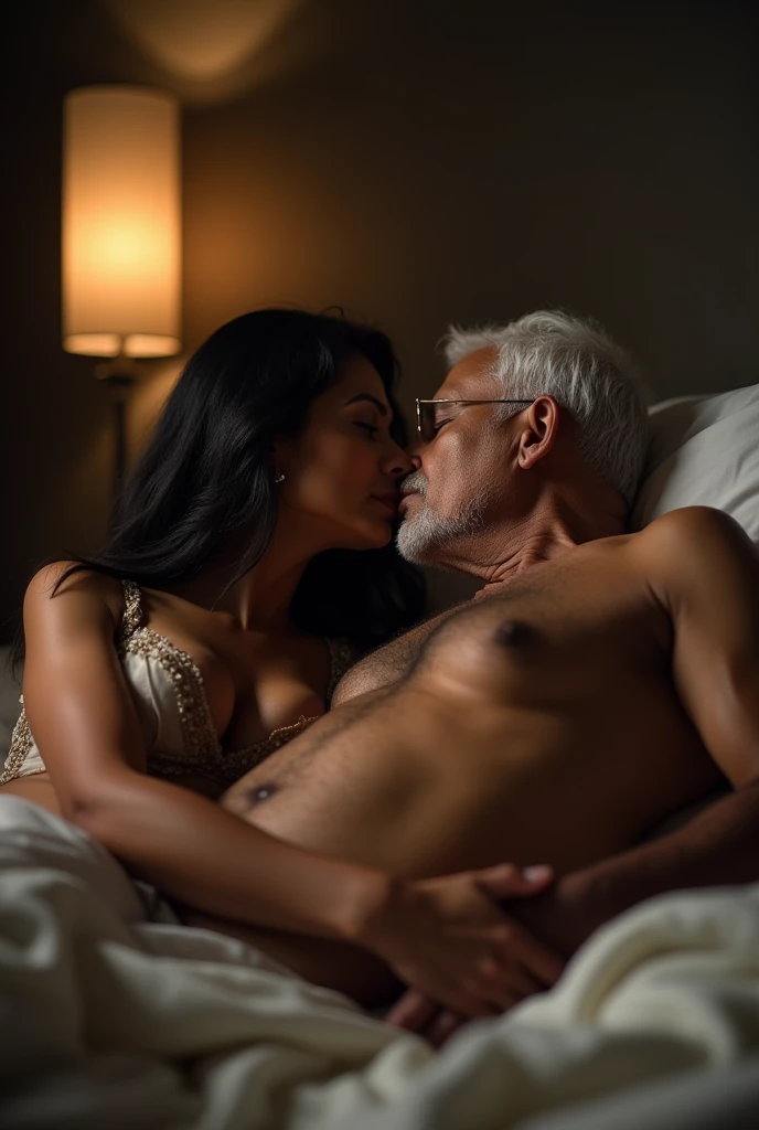 photo of Voluptuous Indian Girl, No Makeup on the Face, Large Breasts, Lying Nude on bed and Kissing a Old Man, Rain Pouring outside the window.