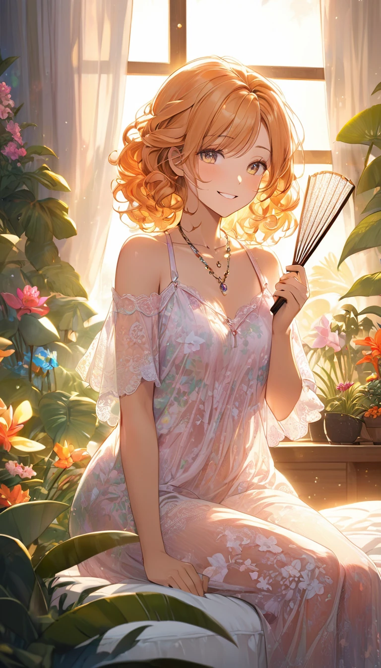 A captivating woman, in animated style, adorned in a loose and comfortable lace and black and pink floral sheer partern night gown, sits in a cozy, sunlit room, pillows around her, she hold a lace fan. Her long, curly light orange hair cascades around her shoulders as she assumes a relaxed pose on the bed. she overlooking the colorful garden fullbloom flowers and rainbow, bathed in soft lighting, is adorned with lush, vibrant tropical plants and succulents pots in the background, creating a serene and inviting atmosphere. The window with sheer curtains, filled with sunlight, adds a warm, shining golden hue to the scene. The woman's features are rendered with intricate details, showcasing the beauty of her shining skin. The overall color palette is vibrant and inviting, further emphasizing the woman's relaxed and comfortable demeanor. her big welcome smile she looks fresh and content, with necklace and jewels she wearing 