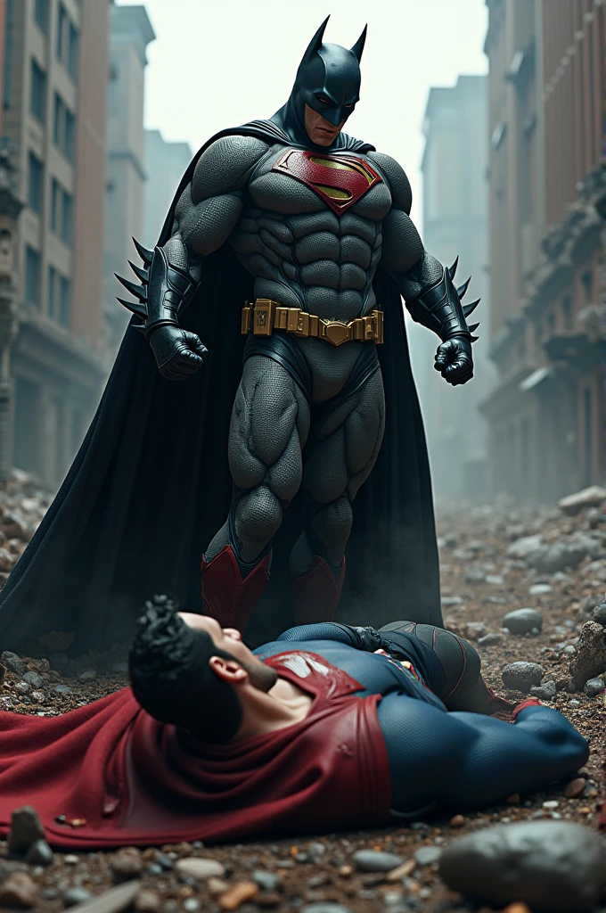 Superman standing with bloody fists, batman laying on the ground covered in blood