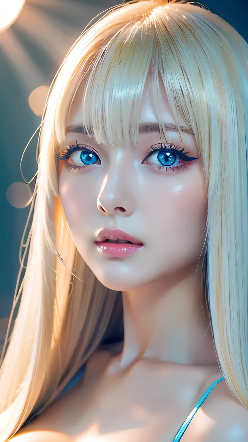 Unparalleled beauty, Shiny, firm, glowing skin, Bangs between the eyes, Beautiful luster, Straight platinum blonde, Super long straight silky hair, eyeliner, sexlyで美しい無邪気なギャル, High resolution, Very bright and beautiful big glowing light blue eyes、Very big eyes、Beautiful and adorable, ((Huge ))、((erotic、sexly、超High resolution、The lighting is bright、Precise needles without discomfort))、