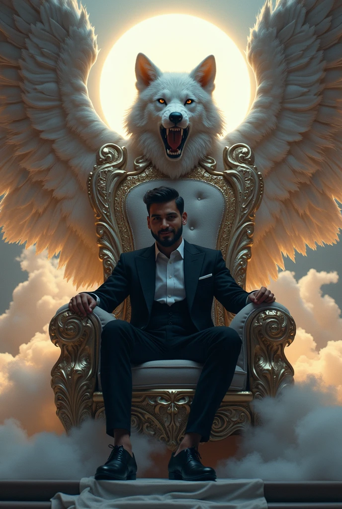 Generate a more powerful and majestic chair, like an angel's throne.
a grand, ornate chair with a open mouth black grey dangerous wolf's head, clouds, and halos. The chair is adorned with shimmering gold and silver accents, and its seat is made of the finest velvet. The back of the chair rises like a crescent moon,with delicate feathers etched into its surface. The chair seems to glow with a soft, ethereal light, as if it's been kissed by the divine.and the chair is also white and upper of the chair write big white font name SYED SAIFULLAH
The cute boy 2,SYED SAIFULLAH, sits regally in this magnificent chair, his all-black suit a striking contrast to the chair's celestial beauty. His eyes shine bright, and his smile radiates confidence and charm.