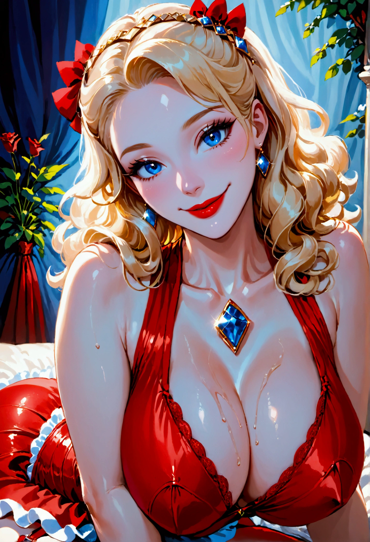 Nsfw,masterpiece, small size head, pinup, Stunning Blonde lady, pale skin, blue eyes,1940s hairstyle, stunning, smile,wearing red 1940s dress, black stockings ,garter belt,red stilettos , she wear diamond jewels,thick calves, super thick legs , super big ass. She is laying on garbage showing her oiled ass and wet pussy.