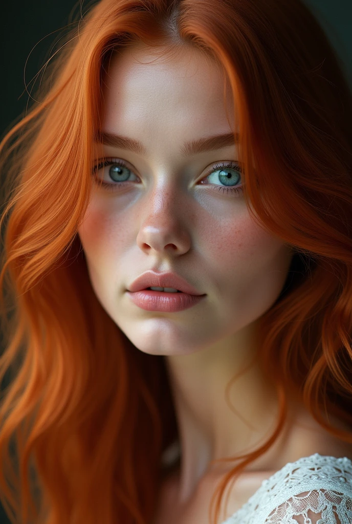 Jeune femme rousse avec des longs cheveux, des yeux bleus avec une texture de peau humaine