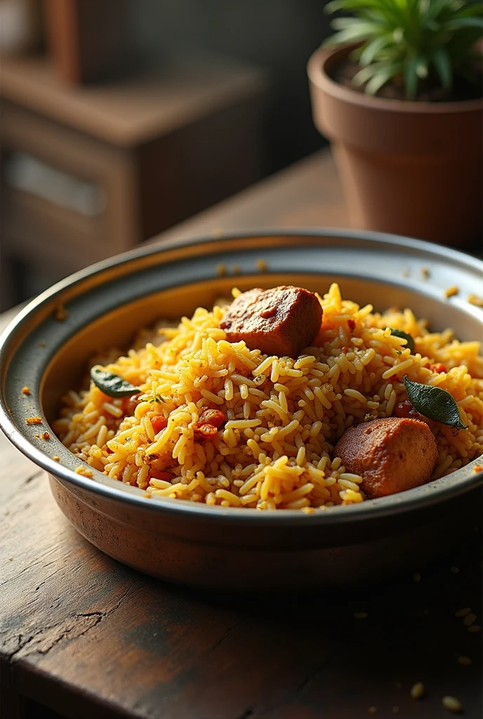 A half eaten biryani in steel plate realistic Indian