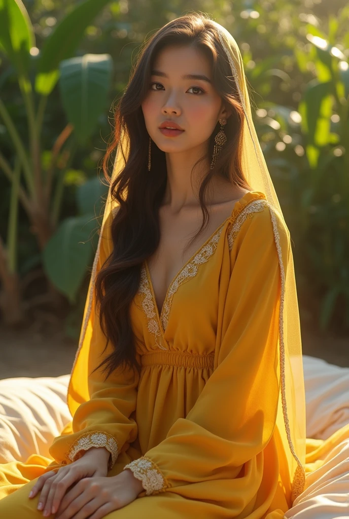 (photorealism:1.2), beautiful woman, face front, with hijab sitting on bed, yellow dress, , long hair, outdoors, soft lighting, plants in background , relaxed pose, realistic, intricate details, warm colors.stand with hand up many light around 