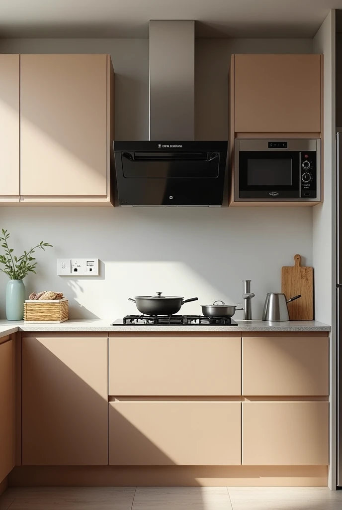Traditional cuisine, extractor fan and microwave same height, cupboard, tap on the left and power outlet all together linear