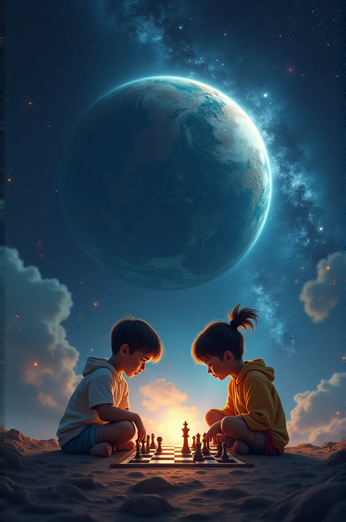 Two Brazilian children playing chess in space 