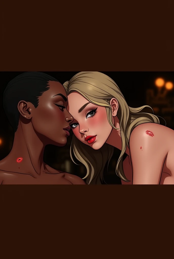 interracial lesbians, white skinned woman in black skinned woman's embrace, both naked, they are looking at each other (studying each other's content faces), their lips and bodies are wet, they are under the table, the white skinned woman's hair is Sleek Middle Part Hair look, reduce illumination from top, add illumination from a 360 view from horizon, sexual pose, realistic style, first sex fanart, realism artstyle, realistic artstyle, hyperrealistic teen, high quality fanart, artwork, conversing, 8k, realistic art style, passionate sexy pose, detailed realistic expressions, realistic picture, lesbian experience, making love, the woman off center is bound big bone african american woman, faint kiss marks with faint lipstick and faint mascara color rub-off smeared on one another's skin, white skinned girl puts some weight of her jaw on brown skinned woman's breast, 