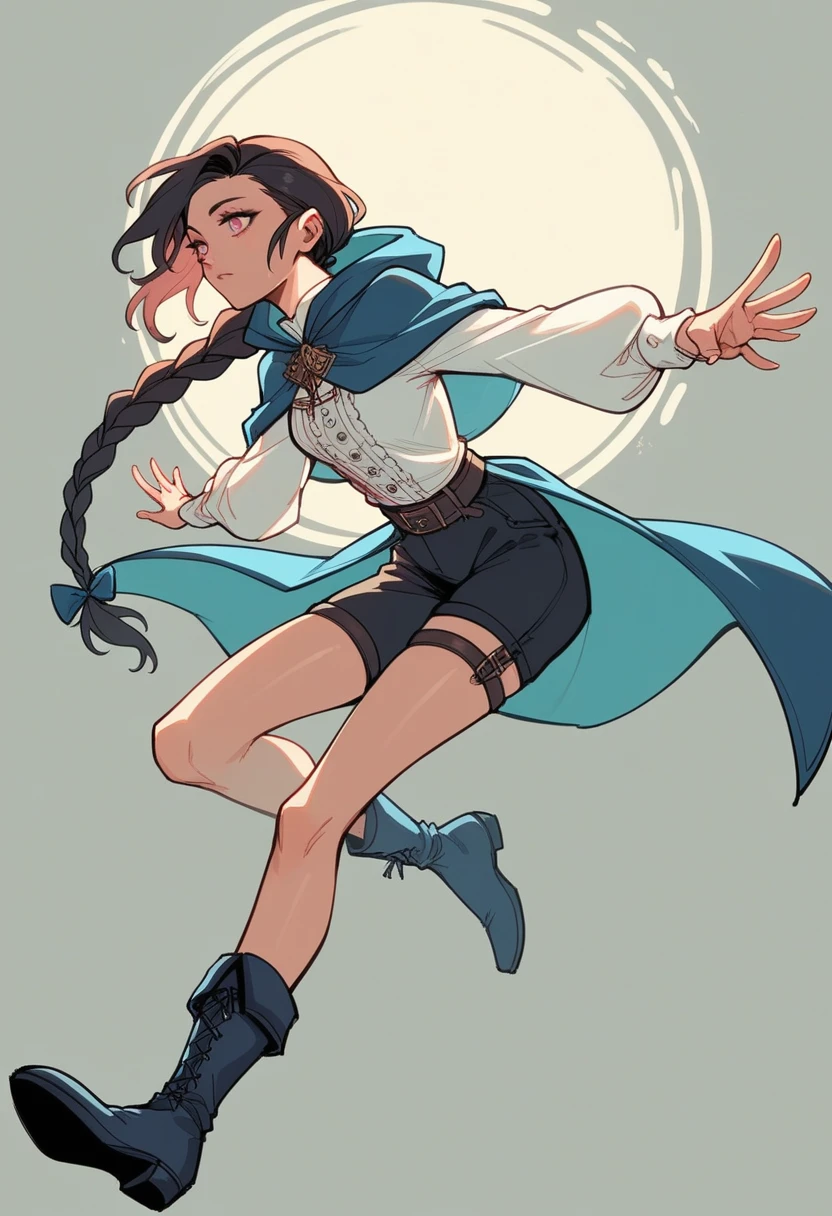 a Latin hot woman of medium height, slim fit, wearing light clothes, tight fabric dark sexy shorts pants, long ankle boots, an elegant white shirt, blue riding hood, with a pleasant face, skin browned by the sun, light pink eyes, dark hair, a long braided ponytail, and daggers. Medieval style, heroic fantasy, sketch,