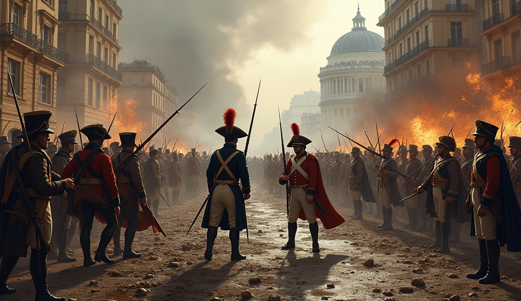 1805 (masterpiece, best quality) destroyed city (Paris); La Grande Armée soldiers fighting in the streets