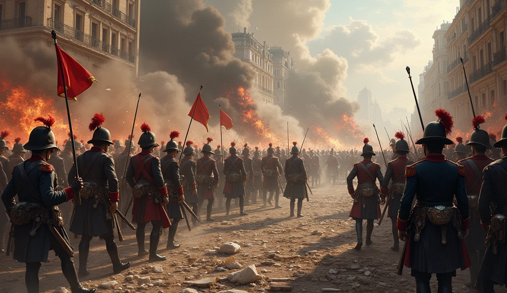 1805 (masterpiece, best quality) destroyed city (Paris); La Grande Armée soldiers fighting in the streets
