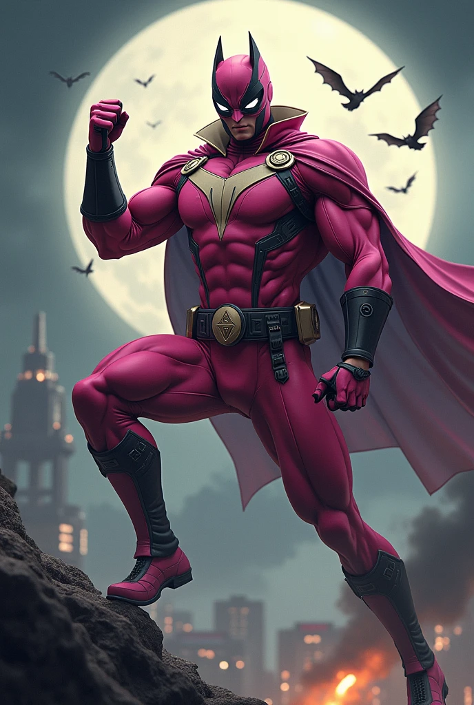 Malaysia man in high-tech suit, vivid effects, malaysian superhero (KELUANG MAN) in a striking pink and brown beige costume cyberpunk design((, mask small mini bat ear beige,)) daredevil beige mask, jumpsuit dark pink stands confidently in a dramatic.jumping from high place.hero costume.one hand rise up. (Big triangle logo on the chest.high detail Punisher logo on the chest)). Fighting pose , stormy landscape. ((Head covered node guard like batman. Running pose , athletic body type, small mini ear bat mask))The character wears domino mask a helmet with pointed mini torn ears and a flowing cape biege, open nose and mouth. Equipped with visible futuristic weapons on a belt,bullet proof jacket pink dark day.show fingers pose, dark night, big supermoon effect . Small logo on chest triangle shape small punisher logo center triangle cyber logo center on chest pink logo mini logo . rocky. Building top.smoke ground , bomb effect background, losse pants, losses costume.adding to --ar 3:4 --style raw --stylize 500 --v 6.1. chaos. Lot of small flying bat. One leg on the high stone. Man. Backpack . Real man age 40 year old. One hand holding belt.one hand holding black rope hanging on building