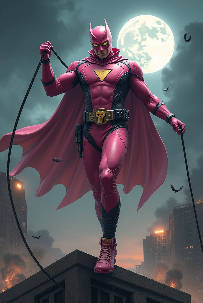 Malaysia man in high-tech suit, vivid effects, malaysian superhero (KELUANG MAN) in a striking pink and brown beige costume cyberpunk design((, mask small mini bat ear beige,)) daredevil beige mask, jumpsuit dark pink stands confidently in a dramatic.jumping from high place.hero costume.one hand rise up. (Big triangle logo on the chest.high detail Punisher logo on the chest)). Fighting pose , stormy landscape. ((Head covered node guard like batman. Running pose , athletic body type, small mini ear bat mask))The character wears domino mask a helmet with pointed mini torn ears and a flowing cape biege, open nose and mouth. Equipped with visible futuristic weapons on a belt,bullet proof jacket pink dark day.show fingers pose, dark night, big supermoon effect . Small logo on chest triangle shape small punisher logo center triangle cyber logo center on chest pink logo mini logo . rocky. Building top.smoke ground , bomb effect background, losse pants, losses costume.adding to --ar 3:4 --style raw --stylize 500 --v 6.1. chaos. Lot of small flying bat. One leg on the high stone. Man. Backpack . Real man age 40 year old. One hand holding belt.one hand holding black rope hanging on building
