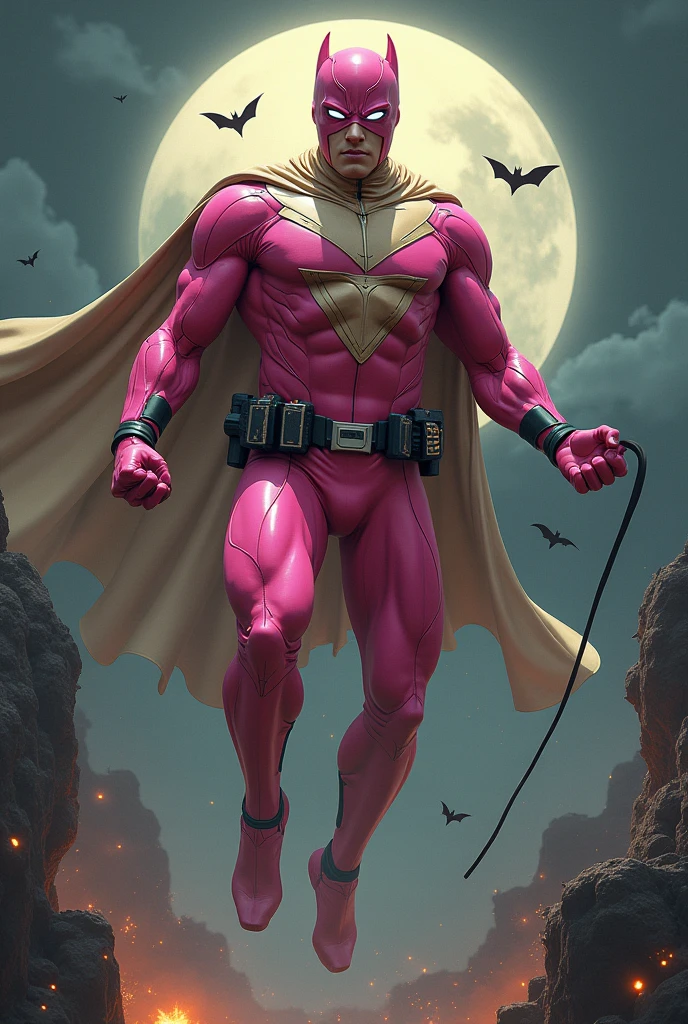 Malaysia man in high-tech suit, vivid effects, malaysian superhero (KELUANG MAN) in a striking pink and brown beige costume cyberpunk design((, mask small mini bat ear beige,)) daredevil beige mask, jumpsuit dark pink stands confidently in a dramatic.jumping from high place.hero costume.one hand rise up. (Big triangle logo on the chest.high detail Punisher logo on the chest)). Fighting pose , stormy landscape. ((Head covered node guard like batman. Running pose , athletic body type, small mini ear bat mask))The character wears domino mask a helmet with pointed mini torn ears and a flowing cape biege, open nose and mouth. Equipped with visible futuristic weapons on a belt,bullet proof jacket pink dark day.show fingers pose, dark night, big supermoon effect . Small logo on chest triangle shape small punisher logo center triangle cyber logo center on chest pink logo mini logo . rocky. Building top.smoke ground , bomb effect background, losse pants, losses costume.adding to --ar 3:4 --style raw --stylize 500 --v 6.1. chaos. Lot of small flying bat. One leg on the high stone. Man. Backpack . Real man age 40 year old. One hand holding belt.one hand holding black rope hanging on building
