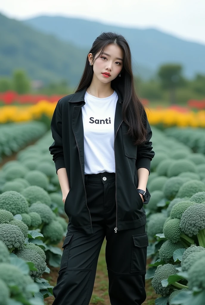 Beautiful Korean girl, smooth white skin, well-groomed face, tied black hair, posing in a very fertile and beautiful broccoli field, black jacket, white t-shirt with the Santi logo, cool watch, knee-length cargo pants, white shoes, mountain and flower background- beautiful flowers, real photos, realistic