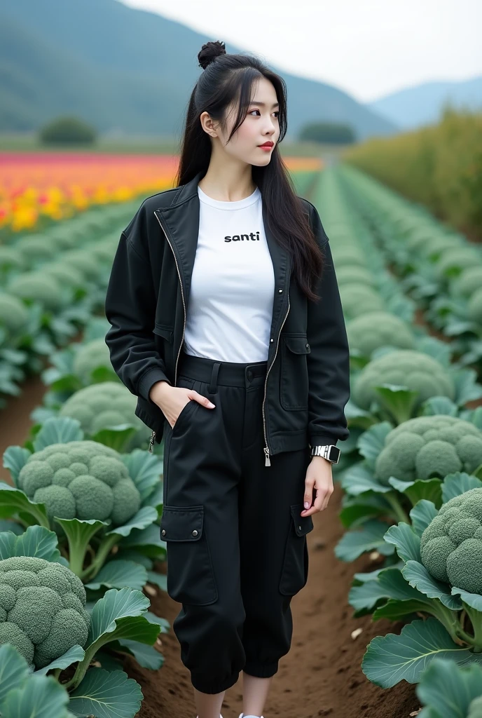 Beautiful Korean girl, smooth white skin, well-groomed face, tied black hair, posing in a very fertile and beautiful broccoli field, black jacket, white t-shirt with the Santi logo, cool watch, knee-length cargo pants, white shoes, mountain and flower background- beautiful flowers, real photos, realistic