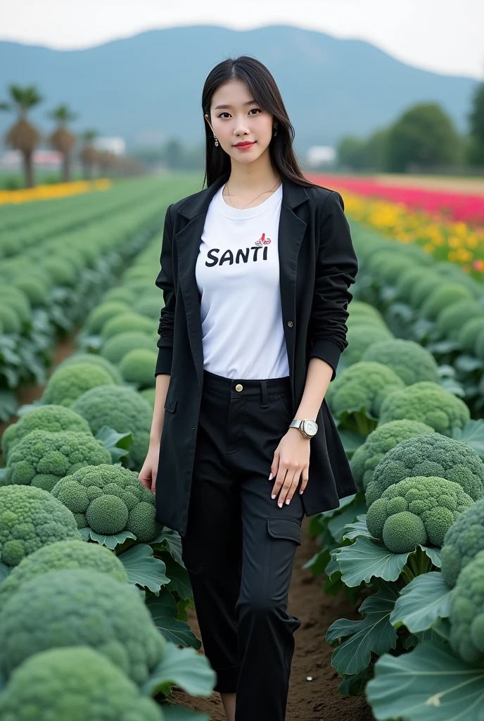 Beautiful Korean girl, smooth white skin, well-groomed face, tied black hair, posing in a very fertile and beautiful broccoli field, black jacket, white t-shirt with the Santi logo, cool watch, knee-length cargo pants, white shoes, mountain and flower background- beautiful flowers, real photos, realistic