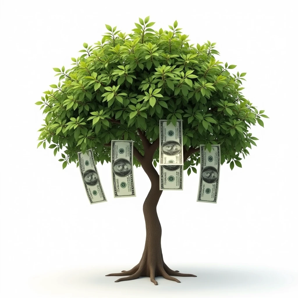 Realistic Money Tree, white background, with only 4 dollar bills growing like fruits, no sheets just notes instead of sheets.