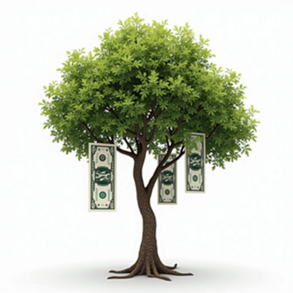 Realistic Money Tree, white background, with only 4 dollar bills growing like fruits, no sheets just notes instead of sheets.