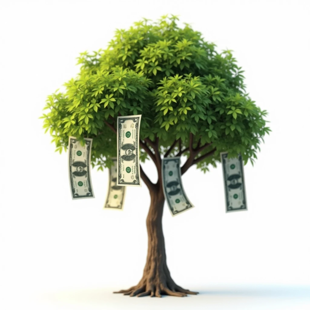 Realistic Money Tree, white background,   with only 4 dollar bills growing like fruits, no sheets just notes instead of sheets.