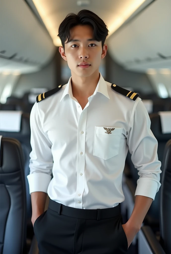 a picture of handsone male cabin crew in his late 20s, thai-korean look, white skin, sleek, middle-parted hair, wearing a thin long sleeves white shirt, his tank top undershirt is visible throughout his shirt, have one pocket on his shirt, black pants, black tie, black shoulder badges, standing in cabin with both hands in his pockets