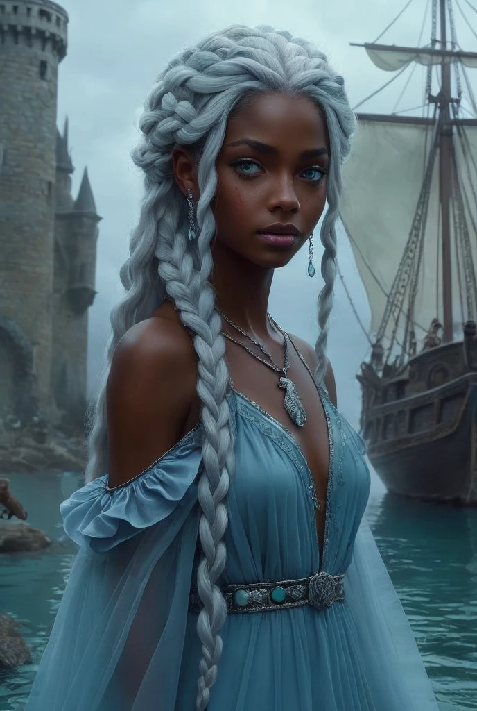 Princesa Maelys Veleryon, black, braided silver hair, lilac eyes with a necklace with a seahorse as a pendant, in a blood-splattered riding outfit riding a huge black dragon