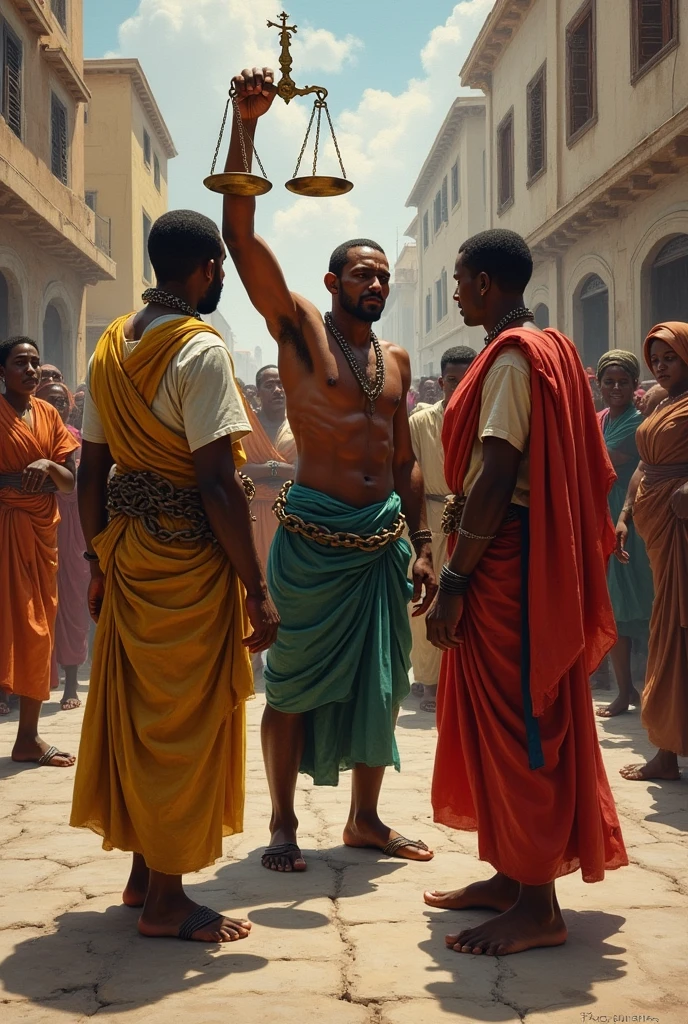In a piassa adis ababa city escape background, a poor man and a woman are bound with chains, while a second man, holding a scale of justice in one hand, attempts to cut their chains with the other hand, realistic paint, ethiopians people wear ethiopian cloth