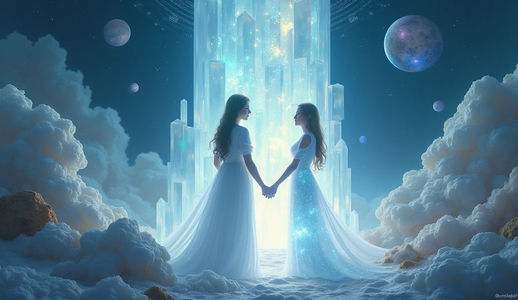 A person in their etheric body having a tender encounter with another person in their physical body, The background of the image is a crystal tower with planets and quartz.