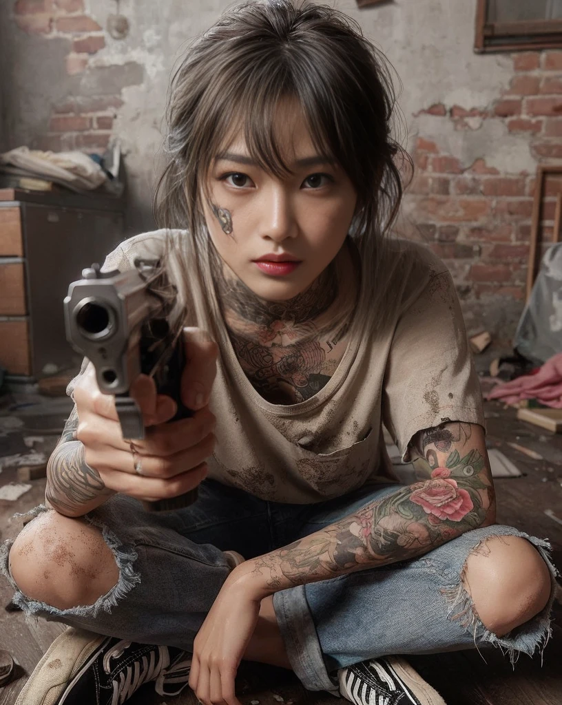 8K, realistic photo、Realistic skin texture、A handsome Asian man living in America stands guard, holding a small gun in his right hand.、Dirty and torn oversized shirt、Dirty Vans sneakers、Hideout place、A room in an old apartment、Broken furniture 、Bricks and rubble、faces、Dynamic action poses、cool compositions、tattoos、Part of the Guard team protecting the community、German Shepherd sitting together
