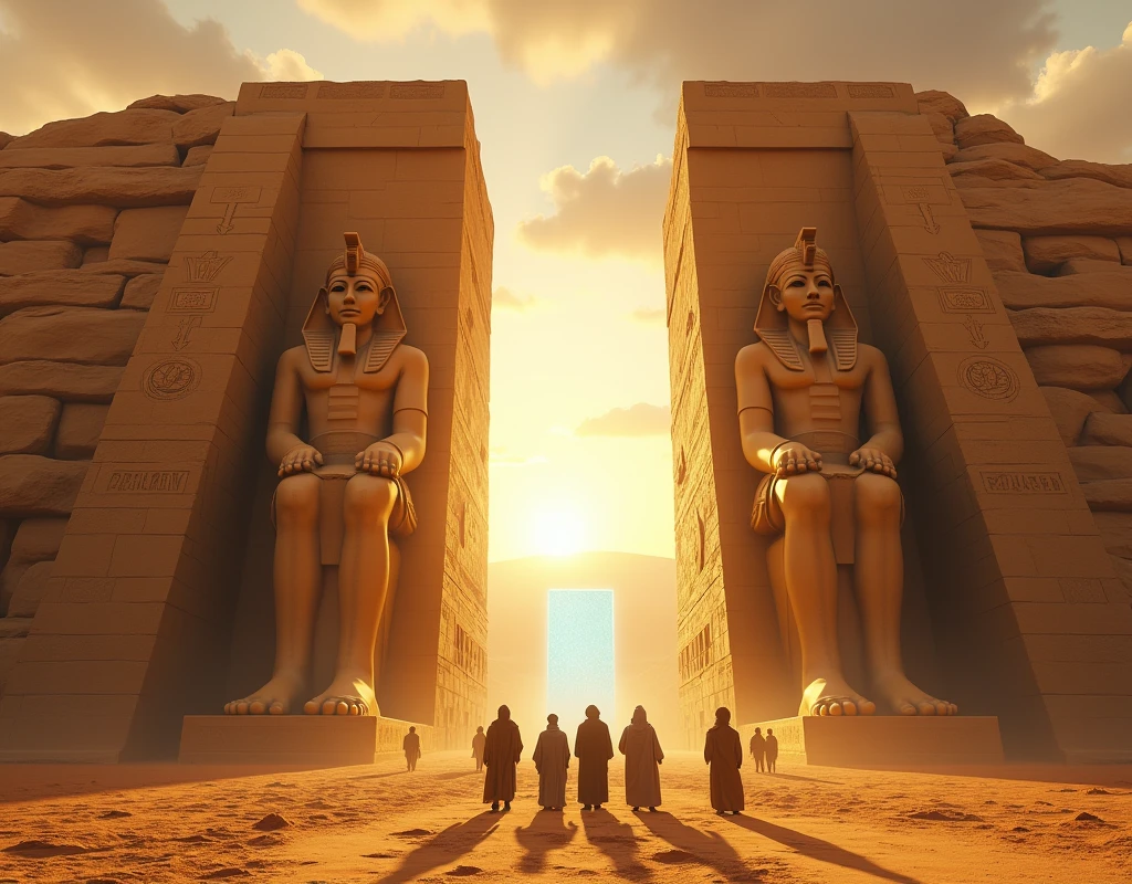 an awe-inspiring scene set in a vast desert, where towering, two ancient statues of Egyptian pharaohs are carved into a grand rock and gold façade, the statues are intricately detailed, depicting regal figures seated majestically, each wearing a tall, ornate headdress. Between the statues, a mysterious soft blue glowing portal emits a soft, ethereal light. In the foreground, very few travelers dressed in ancient Egyptian traditional desert garb stands at the base of the steps, gazing up at the monumental structure with a sense of reverence and wonder. The scene is bathed in the warm, golden light of the setting sun, casting long shadows and highlighting the textures of the stone and sand, Hyper realistic, splash art, concept art, mid shot, intricately detailed, color depth, dramatic, natural cinematic light, colorful background, highly detailed, 8k sharp focus, photorealistic, shallow depth of field, golden ratio