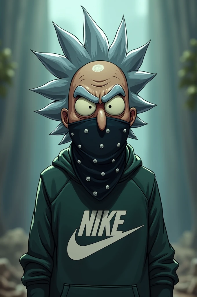 Create Rick from Rick and Morty with a Nike sweatshirt and a bandana covering your face from nose to mouth.