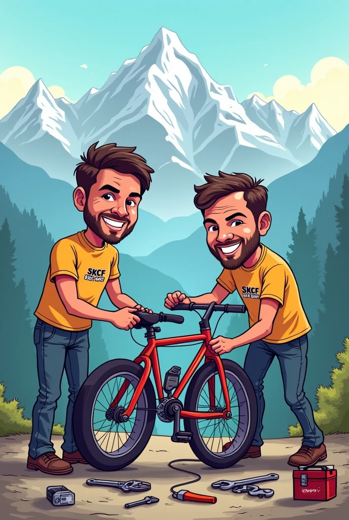 Two mens with a t Shirt written skcf bike point in a himalayan
bike cartoonised image
With repairing tools