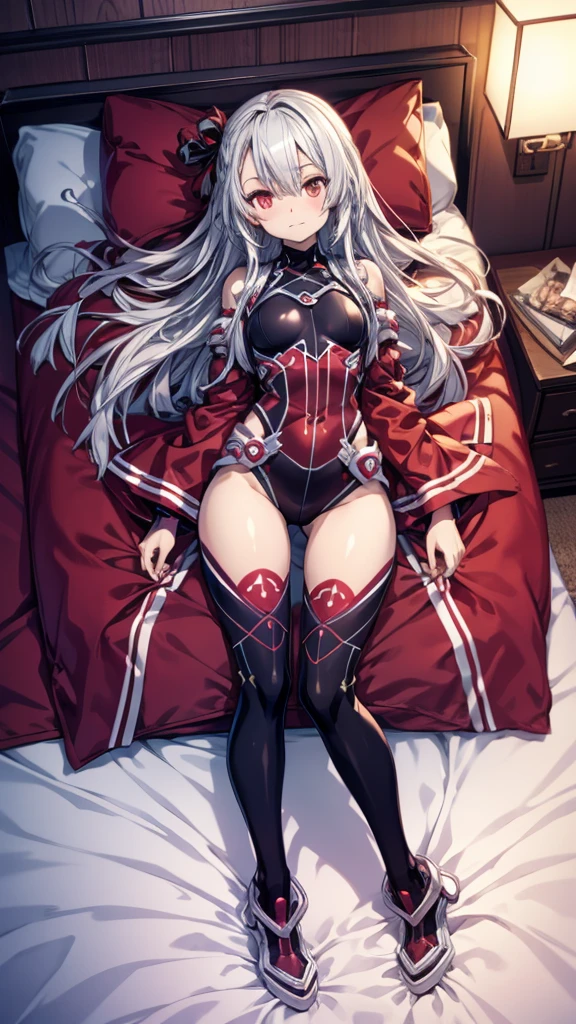 (Highly detailed CG), (Highest quality), 1 person, Perfect Face,  Glowing Skin, Glowing Skin, Wide Hips,Tight waist,leotard，bangs,Red eyes,Very Boots，Knee socks，Elbow Bag,1 person, Long Hair, Lying in bed, indoor,