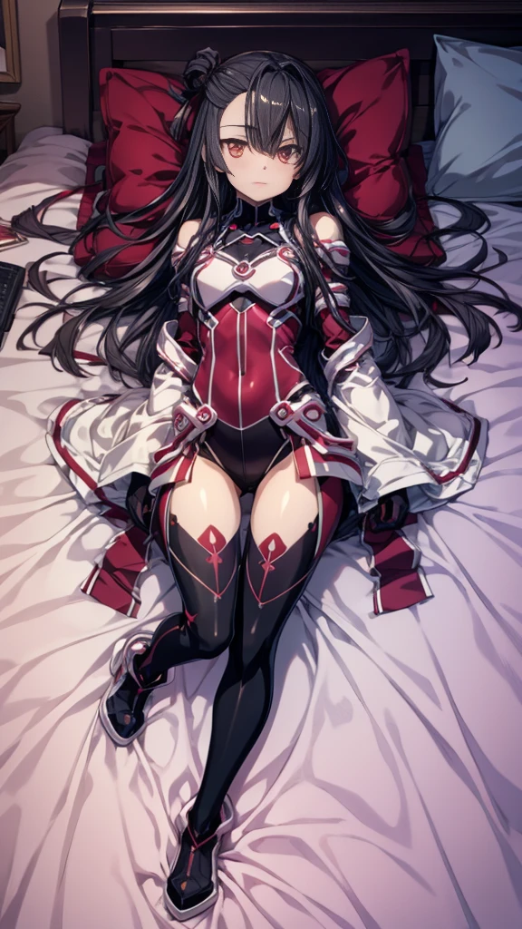 (Highly detailed CG), (Highest quality), 1 person, Perfect Face,  Glowing Skin, Glowing Skin, Wide Hips,Tight waist,leotard，bangs,Red eyes,Very Boots，Knee socks，Elbow Bag,1 person, Long Hair, Lying in bed, indoor,