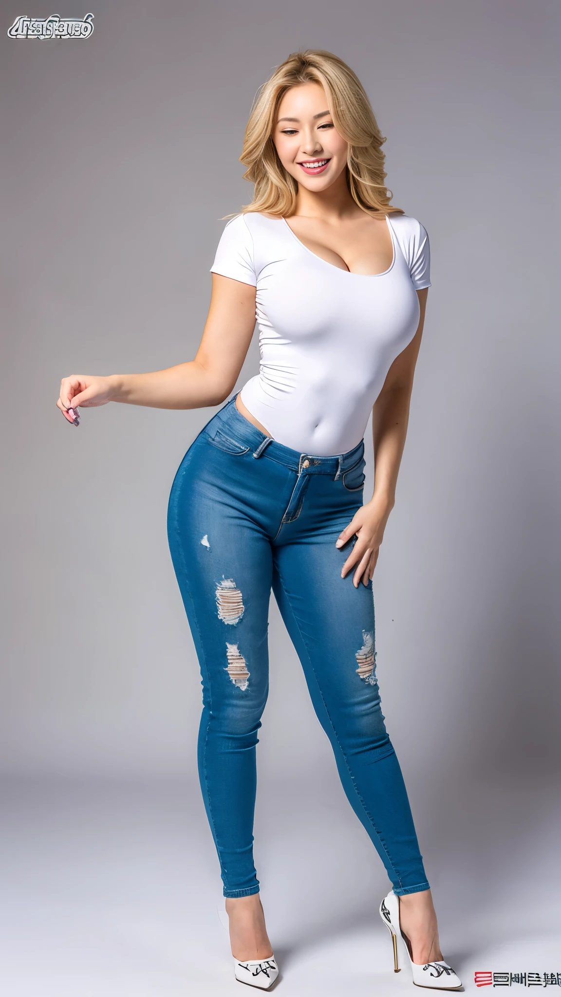 A hot korean woman, blonde hair, long flowy hairstyle, natural lips, laughing, heavy sagging breasts, giant sagging breasts, huge sagging breasts, massive sagging breasts, juicy breasts, succulent sagging breasts, enormous sagging breasts, braless, wearing casual white tight shirt with rounded-neck spandex short-sleeve, jeans short shorts, stilettos, full body, front view, standing on the floor, detailed body, night, at photo studio, professional photo studio, white backdrop photo studio background, dynamic light, 8K, masterpiece, ultra detailed, professional studio lighting.