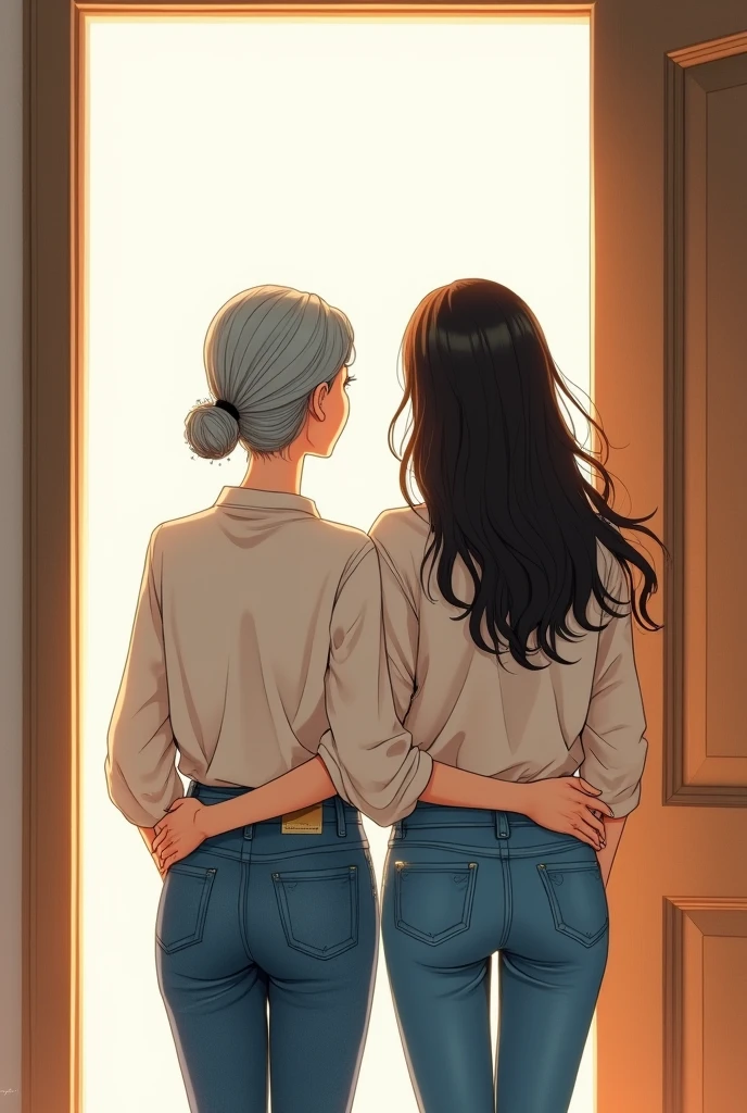 An older woman in a blouse next to a younger woman with long hair and jeans, both standing in front of an open door. back view. manga style. Mother and daughter.