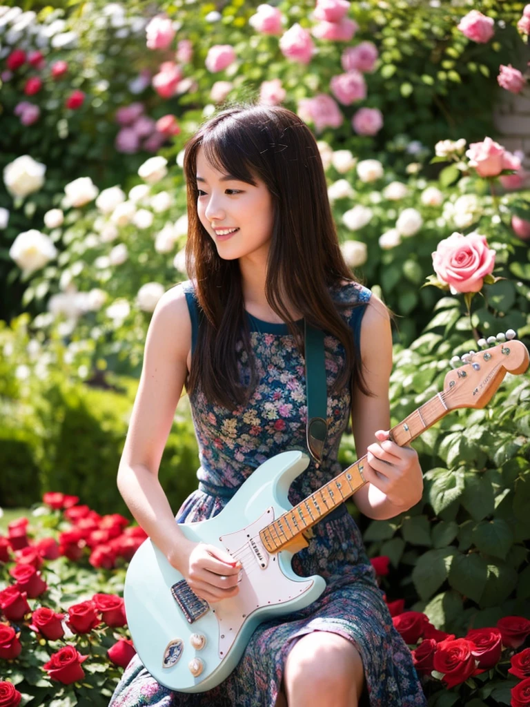 Beautiful lady playing a guitar in the roses garden