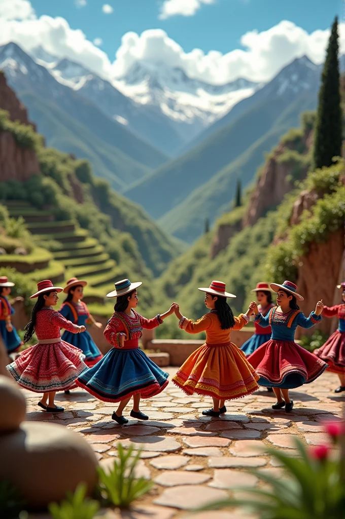 A diorama scene depicting a traditional huayno dance. The background should have an Andean landscape with high mountains, terraced fields.