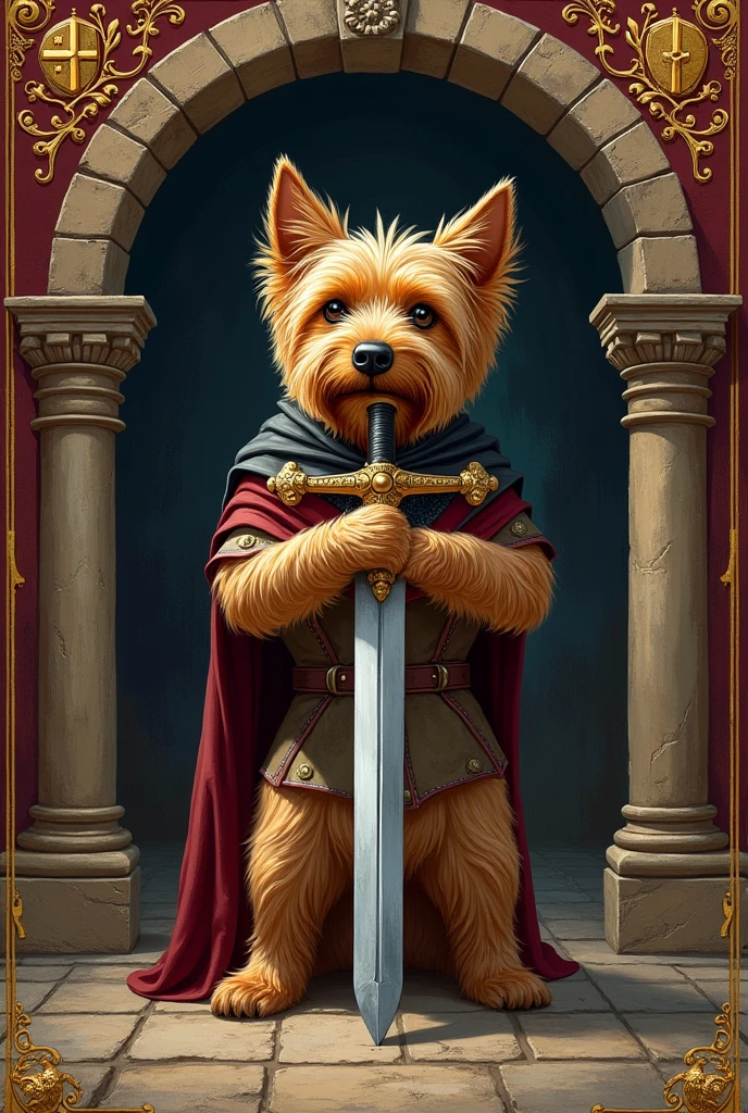 Create an image containing a reference to a Yorkshire terrier and the sword Excalibur.The image must have a medieval style and colors and be rectangular in shape., having the proportion of 24 cm wide by 20 cm high. Use colors like gold, burgundy e navy blue.