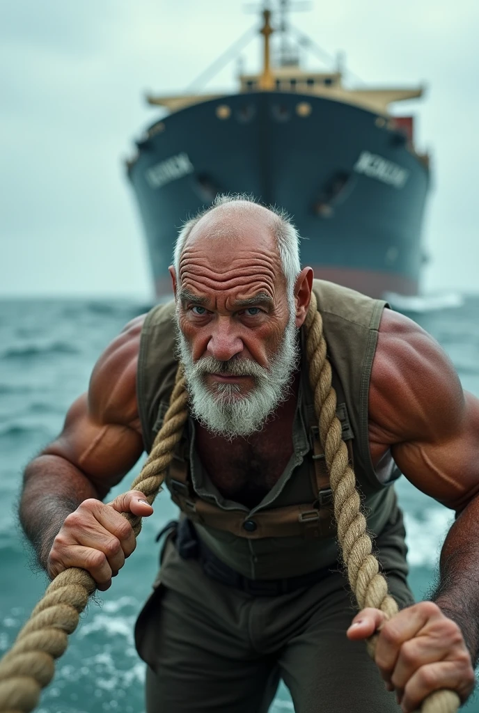 An aged businessman pulling a cargo ship from sea with rope on shoulders
