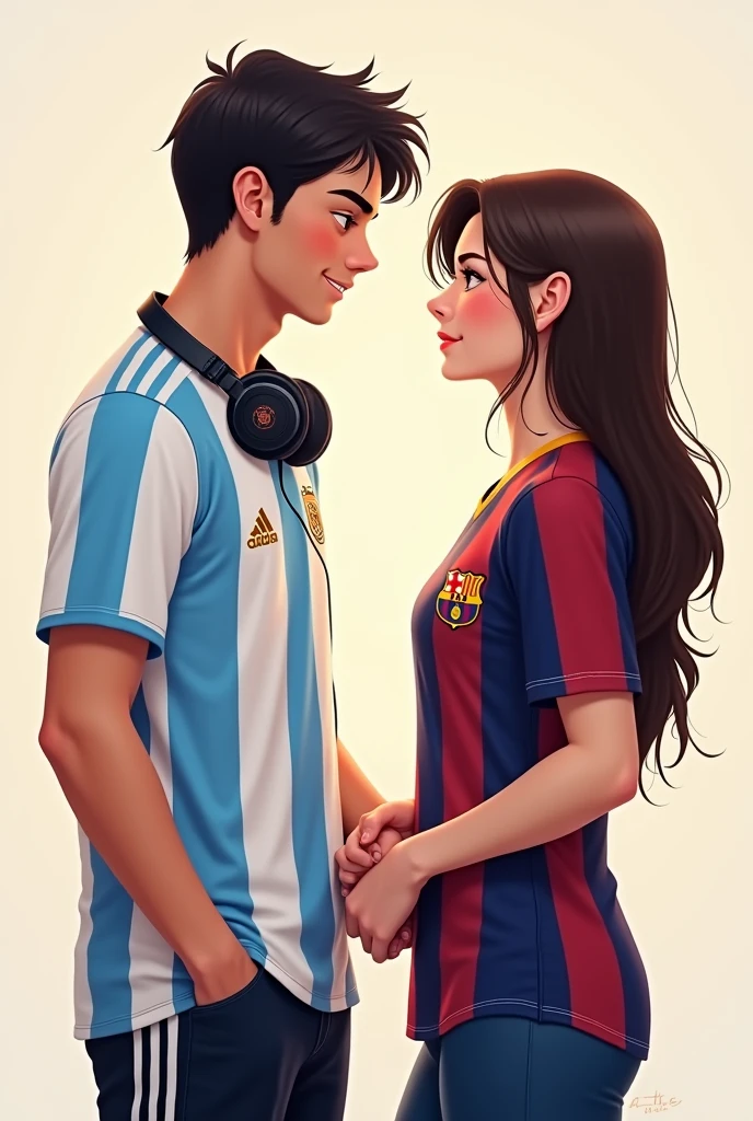 The boy in Argentina jersey and a girl in Barcelona jersey they both holding their hand and the boy have headphone on their neck and the girl other hand holding a purse also they both are looks like almost 33 years 