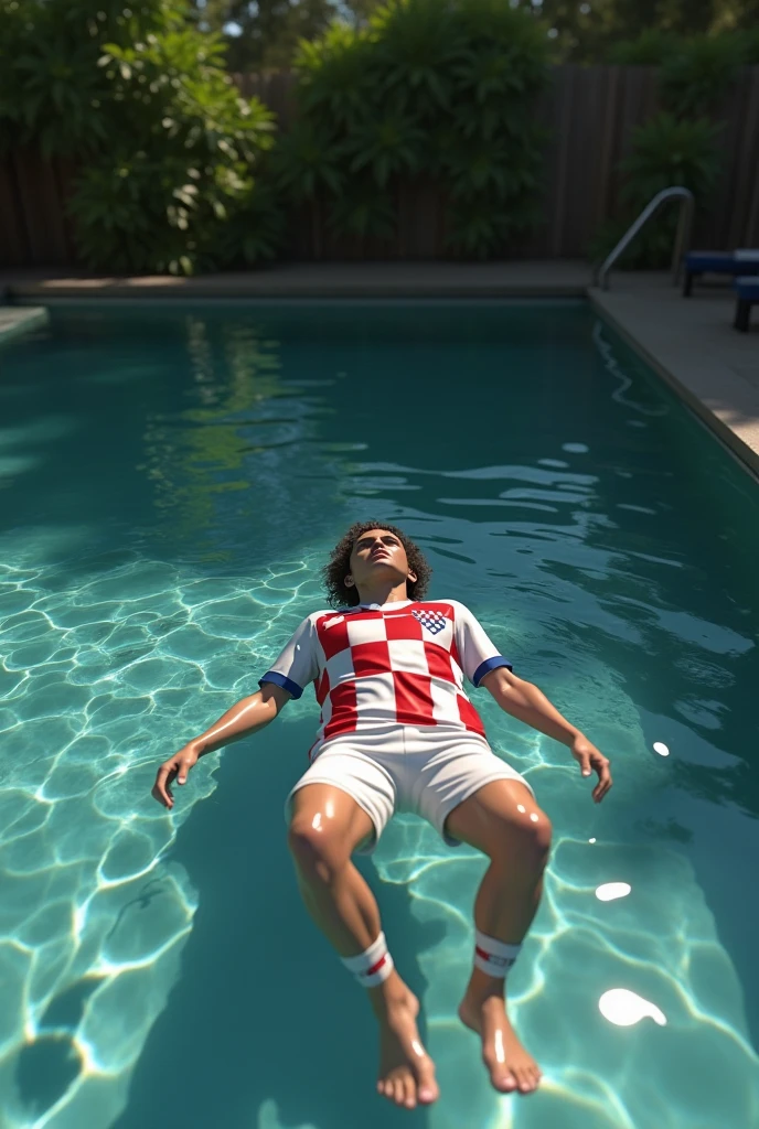 Luka modric laying in the water in the pool with soccerclothes