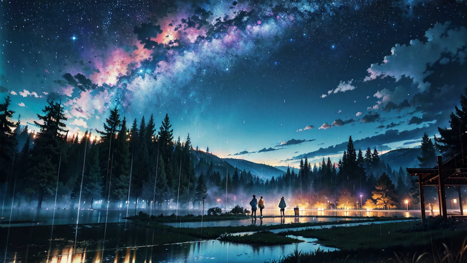 Colorful, nostalgic, Makoto Shinkai, a fine library beyond the forest, beautiful composition. Night, heavy rain. Western-style library beyond the forest, vivid. Sky full of stars. Rainy sky. Fantastic, forest in the foreground, library in the background. Bright photo.