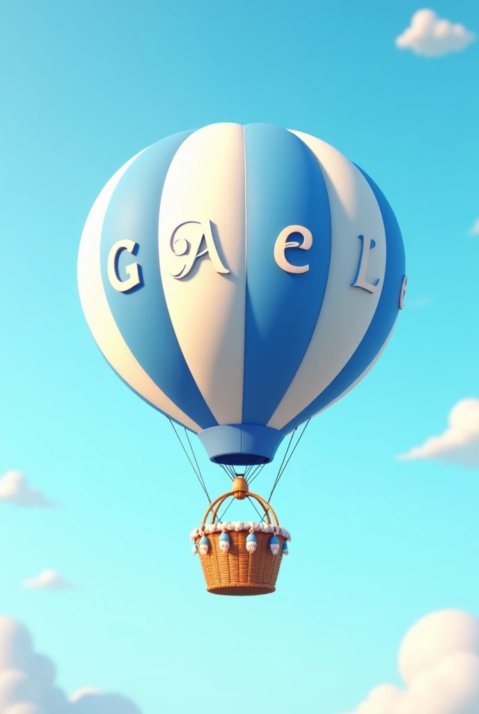blue and white animated hot air balloon that says "Gael"