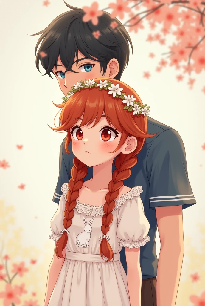 2d drawing of redhead ager with waist-length braided hair, with white loliress with lace and bunny print. sweet face, Red pupils and soft freckles with a crown of white flowers.
and next to him an attractive white-skinned gentleman, black hair and clear blue eyes, The one who wears a school uniform is overprotective and takes care of him.