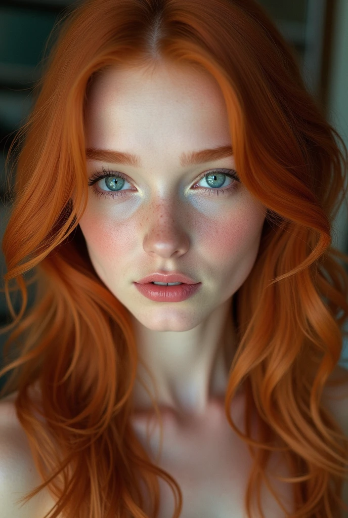 Jeune femme rousse avec des longs cheveux, des yeux bleus avec une texture de peau humaine et une texture de cheveux réaliste
Texture de peau moins grasse